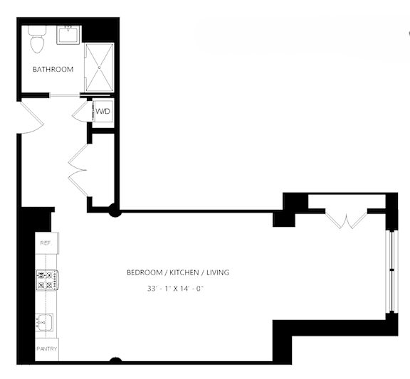 A black and white floor plan of a small apartment with a bathroom, bedroom/kitchen/living area, and a pantry.
