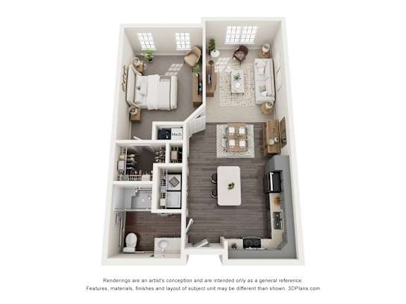 Sage5430 Senior Living Apartments in Norcross, GA A 3D floor plan of a 1b 1b apartment with two bedrooms, a living room, and a kitchen.