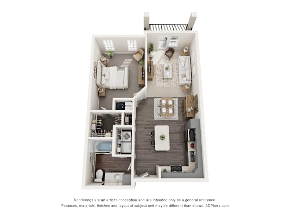 Sage5430 Senior Living Apartments in Norcross, GA 1b 1b A 3D floor plan of a small apartment with a kitchen, living room, and bathroom.