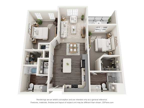 Sage5430_Norcross_Georgia_Apartments 2 x 2 bed & bath 1032 sq ftA 3D floor plan of a house with a kitchen, living room, and two bedrooms.