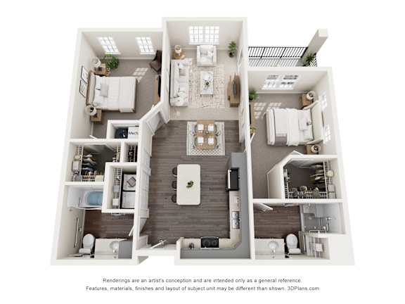Sage5430_Norcross_Georgia_Apartments 2 x 2 bed & bath 1034 sq ftA 3D floor plan of a house with a kitchen, living room, and bathrooms.