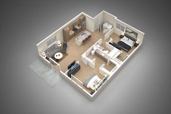 A 3D rendered image of a small apartment layout.
