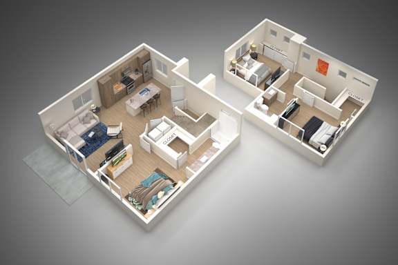 A 3D floor plan of a two-bedroom apartment.