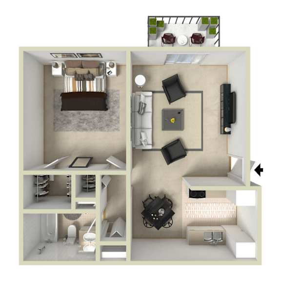 A 3D floor plan of a small apartment with a living room, kitchen, and bathroom.