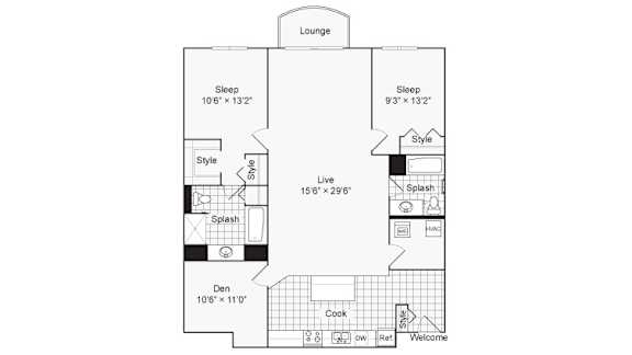A floor plan of a house with a lounge, two bedrooms, a bathroom, a kitchen, a dining room, a living room, a den, a cooking area, a pantry, and a laundry room