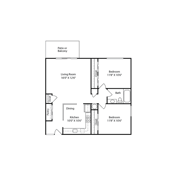 2 br, 1 ba, 851 sq. ft.