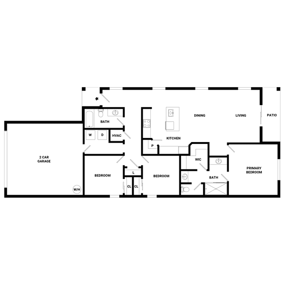 A floor plan of a house with a garage, two bedrooms, a living room, a kitchen, and a dining area.