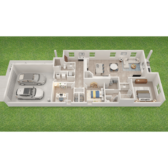 A 3D rendered image of a house layout.