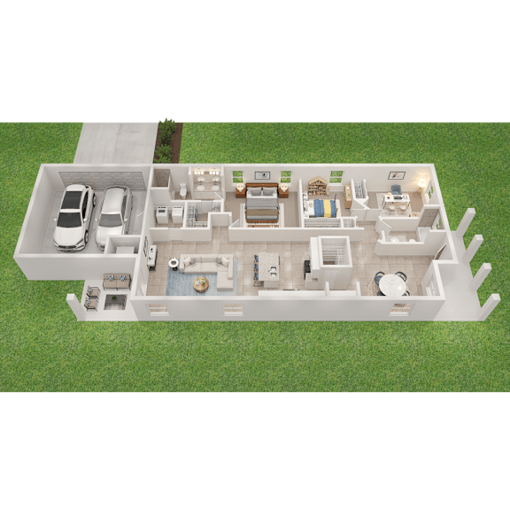 A 3D model of a house with a garage and a driveway.