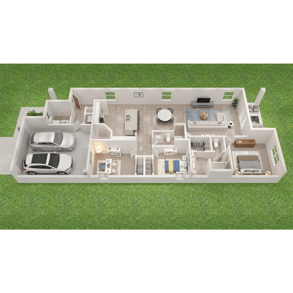 A 3D floor plan of a house with a car parked in the driveway.