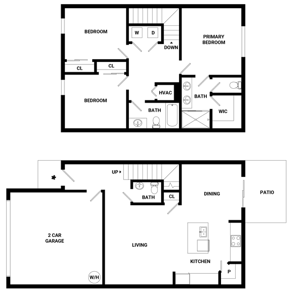 A floor plan of a two-story house with two bedrooms, a living room, a kitchen, a dining area, a patio, a 2 car garage, and a laundry room.