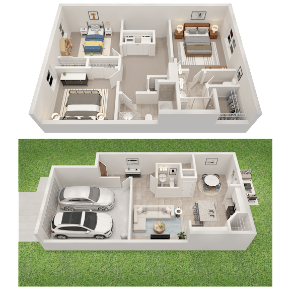 Two floor plan images of a house with a car parked in the driveway.