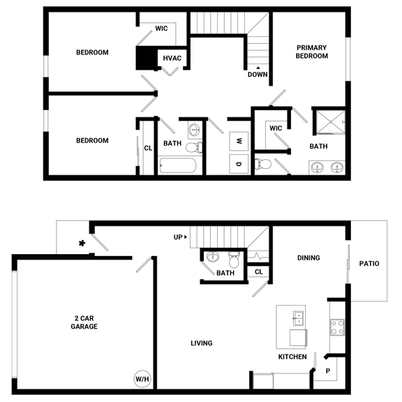 A floor plan of a two-story house with two bedrooms, a living room, a kitchen, a dining area, a garage, and a patio.