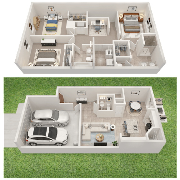 A top-down view of a house plan with a living room, kitchen, and two bedrooms.