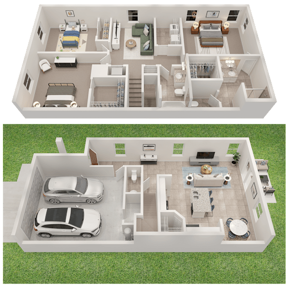Two floor plans of a house with a car parked in the driveway.