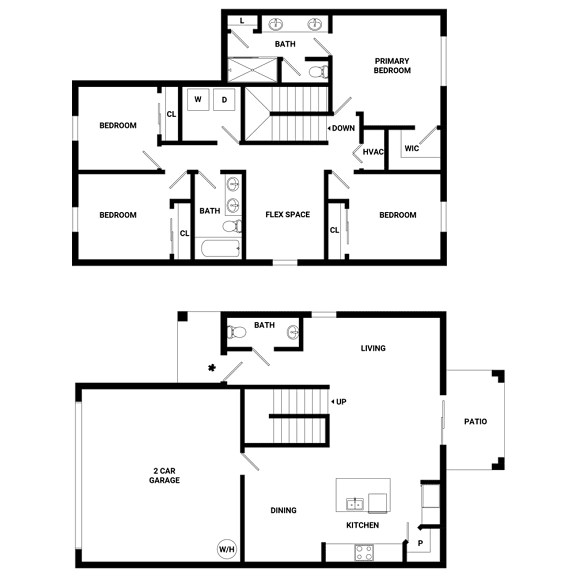 A floor plan of a two-story house with a garage and a living area.