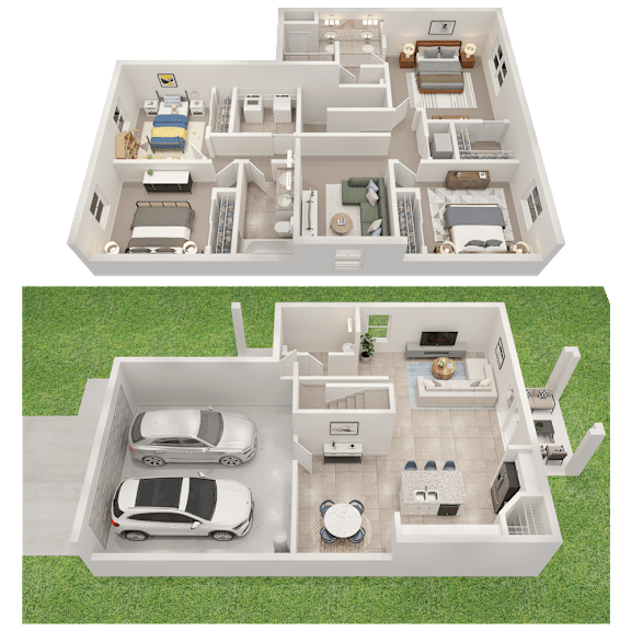 A 3D floor plan of a house with two cars parked in the garage.