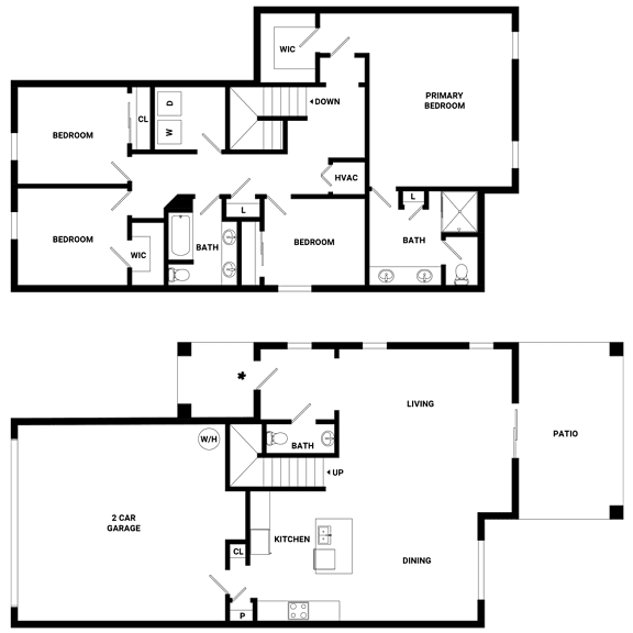 A floor plan of a house with two bedrooms, a living room, a dining room, a kitchen, a bathroom, a patio, and a 2 car garage.