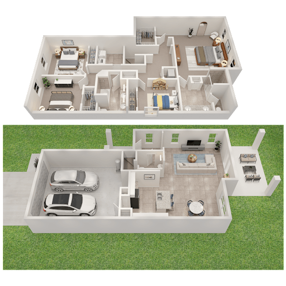 A top-down and side view of a house layout with a garage and a backyard.