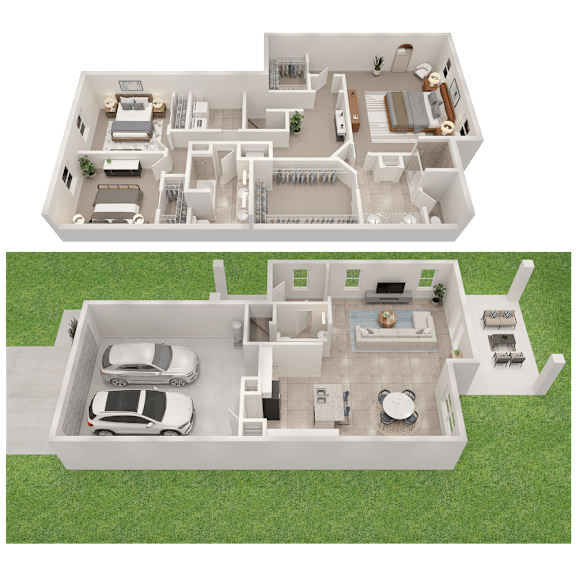 Two floor plan images of a house with a car parked in the driveway.