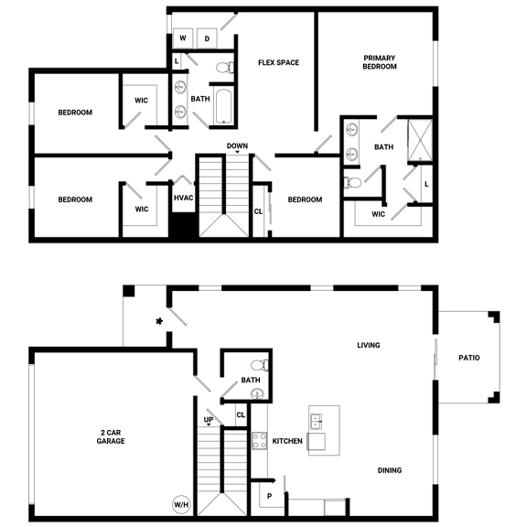 A floor plan of a house with two bedrooms, a living area, a kitchen, a dining area, a bathroom, a patio, and a 2 car garage.