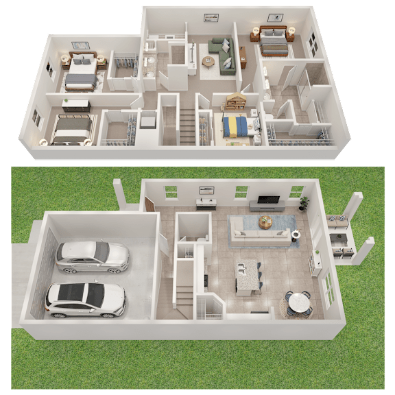 Two floor plans of a house with a car parked in the driveway.