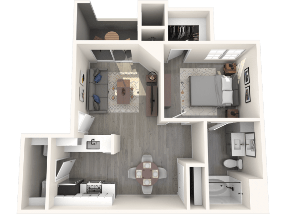 a 3d rendering of a floor plan with a bedroom and a living room