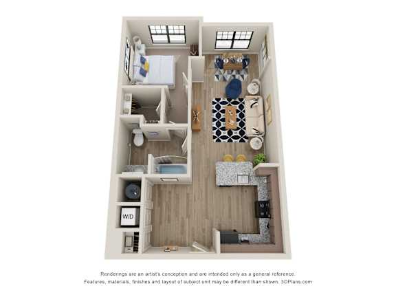 Sky Harbor Apartments in Chamblee, GAA 3D floor plan of an apartment with a kitchen, living room, and bathroom.