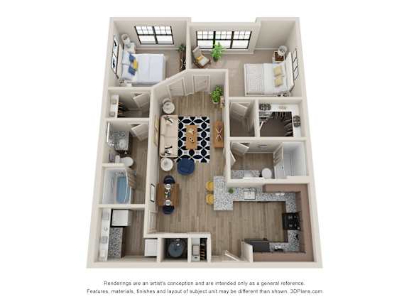 Sky Harbor Apartments in Chamblee, GAA 2b 2b 3D floor plan of a house with a kitchen, living room, and dining area.