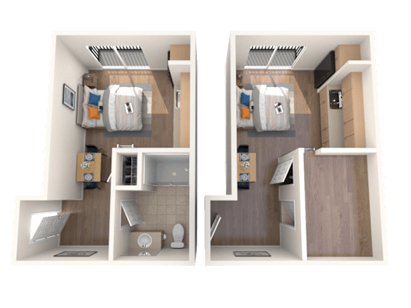 A 3D rendered image of a small apartment layout.