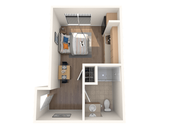 A 3D rendered image of a small apartment layout.