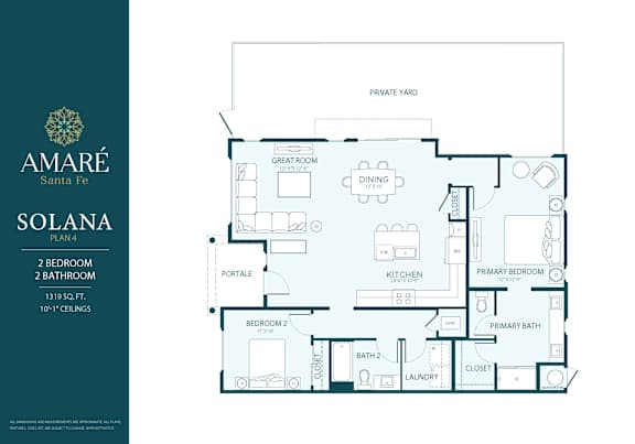 A floor plan for the Amare Santa Fe Solana, a 2 bedroom, 2 bathroom property, is shown.