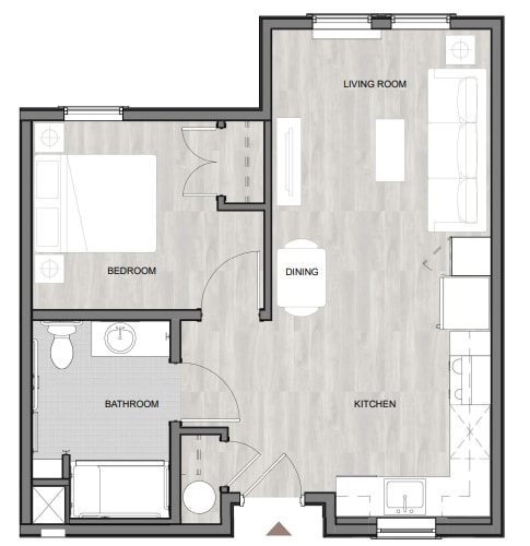 A floor plan of a house with labeled rooms including a living room, dining room, kitchen, bedroom, and bathroom.