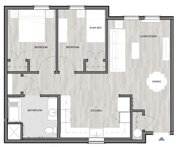 A floor plan of a house with a kitchen, dining area, and four bedrooms.