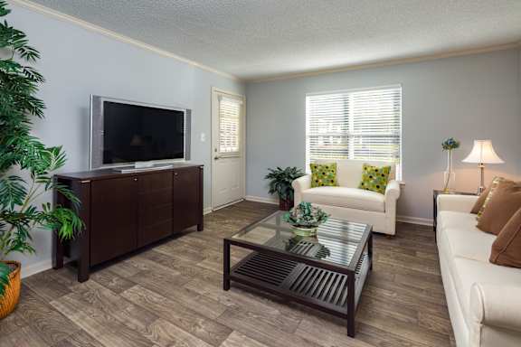 A living room with a white couch, a glass coffee table, and a television.
