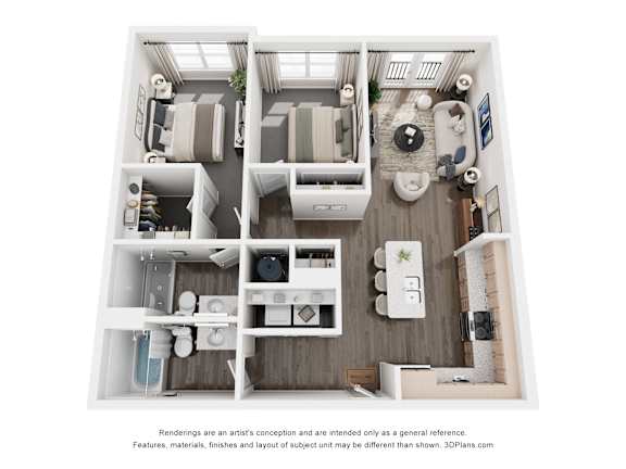 A 3D floor plan of a small apartment with a kitchen, living room, and bathroom.