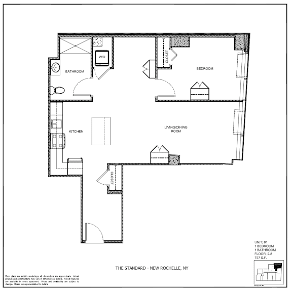 A black and white image of a floor plan for a standard apartment in New Rochelle, NY.