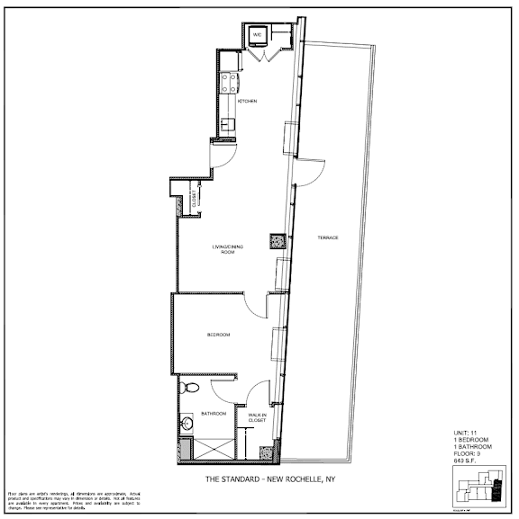 A floor plan of a one bedroom apartment in New Rochelle, NY.
