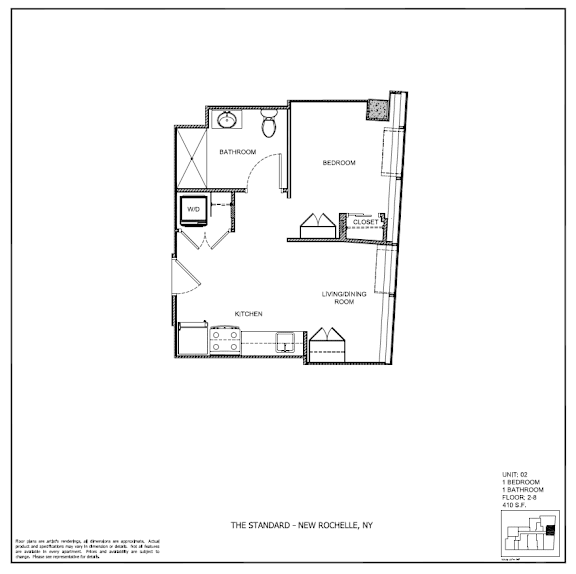A floor plan of a one bedroom apartment in New Rochelle, NY.