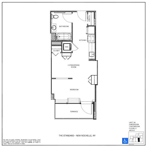 A floor plan of a one bedroom apartment in New Rochelle, NY.