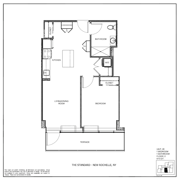 A black and white image of a floor plan for a one bedroom apartment.