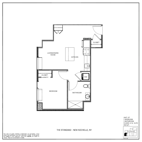 A black and white image of a floor plan for a one bedroom apartment.