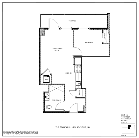 A black and white image of a floor plan for a one bedroom apartment.