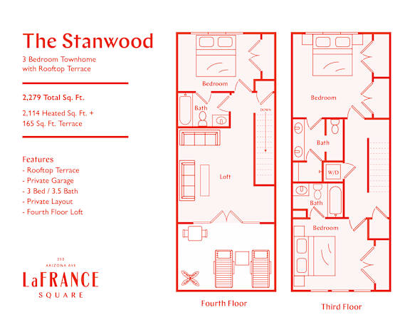 A red floor plan for a 3 bedroom townhome with a rooftop terrace.