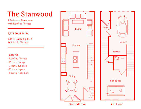A red line drawing of a 3 bedroom townhouse layout.