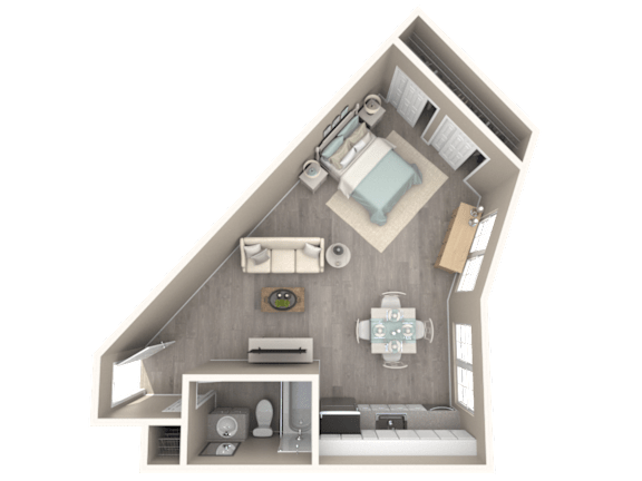 A 3D rendered image of a house layout.