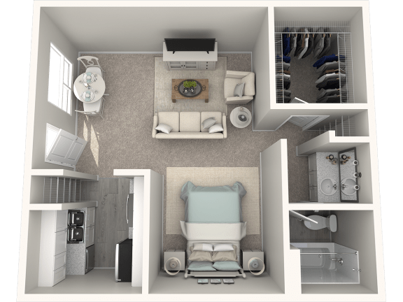 a floor plan of a studio apartment with a bedroom and a living room