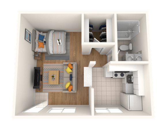 Floor Plan  A 3D floor plan of a small apartment with a kitchen, living room, and bedroom.