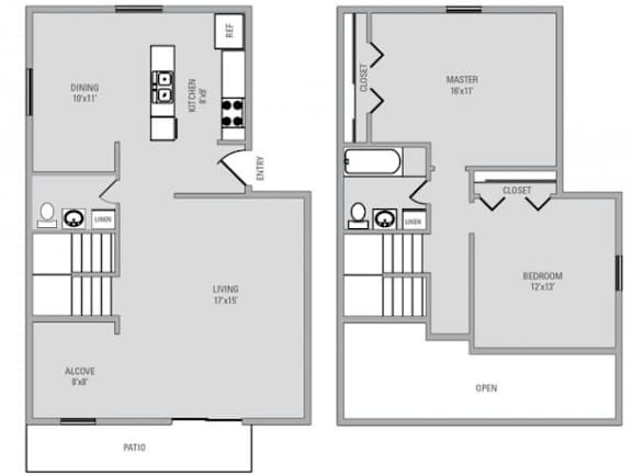 A floor plan of a two bedroom apartment with a living room, dining room, kitchen, and bathroom.