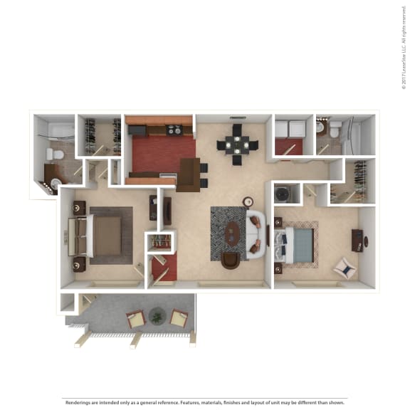 Floor Plan  Hinesville_GA_Apartment_Tattersale_2 bedroom 2 bath 3D Furnished